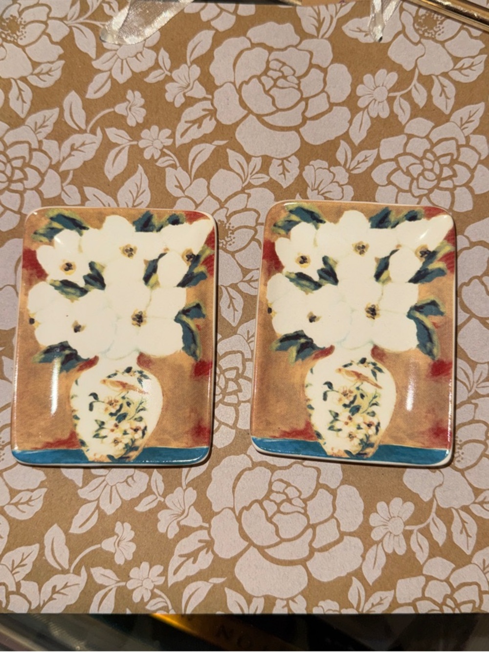 Hand-Painted Floral Ceramic Spoon Rest - White Floral Set of 2